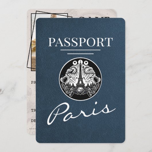Navy Blue Paris Passport Bewaar de datum Save The Date (Voorkant / Achterkant)