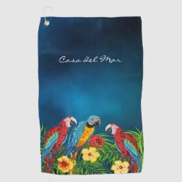 Navy blue parrots tropische huisnaam golfhanddoek