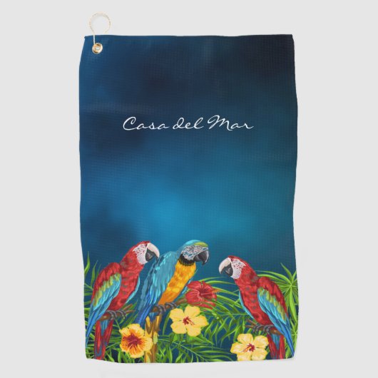 Navy blue parrots tropische huisnaam golfhanddoek (Voorkant)