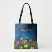 Navy blue parrots, vogelnaam, script tote bag (Voorkant)