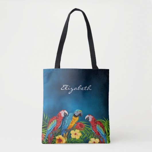 Navy blue parrots, vogelnaam, script tote bag (Voorkant)