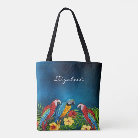 Navy blue parrots, vogelnaam, script tote bag (Achterkant)