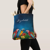Navy blue parrots, vogelnaam, script tote bag (Dichtbij)