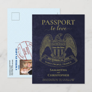 Navy Blue Passport Fun Wedding Save the Date Aankondigingskaart