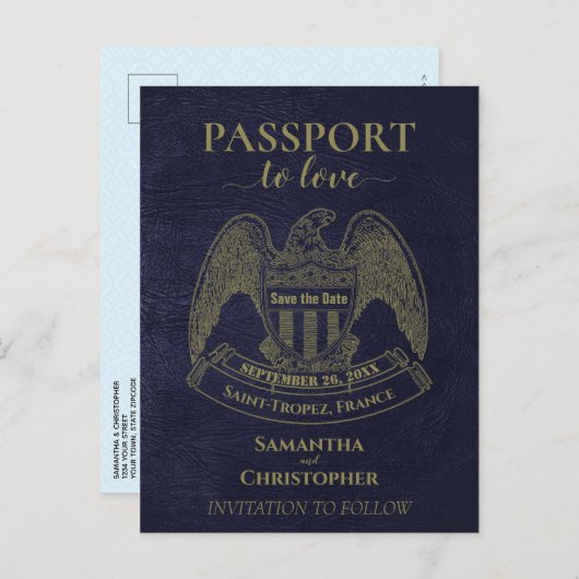 Navy Blue Passport Fun Wedding Save the Date Aankondigingskaart (Voorkant / Achterkant)