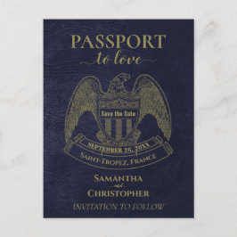 Navy Blue Passport Fun Wedding Save the Date Aankondigingskaart