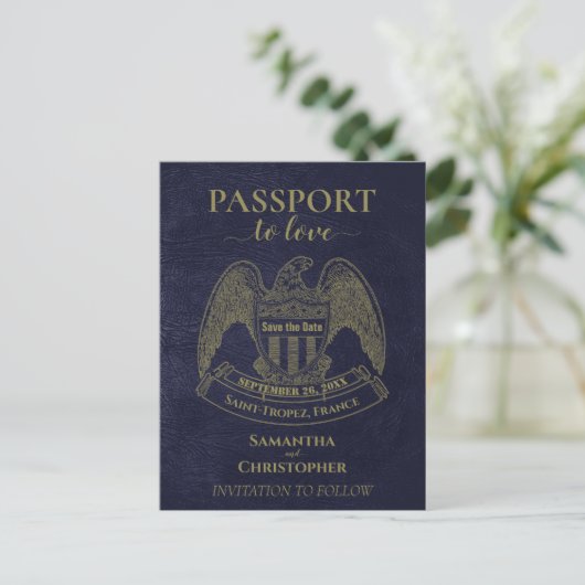 Navy Blue Passport Fun Wedding Save the Date Aankondigingskaart (Staand voorkant)
