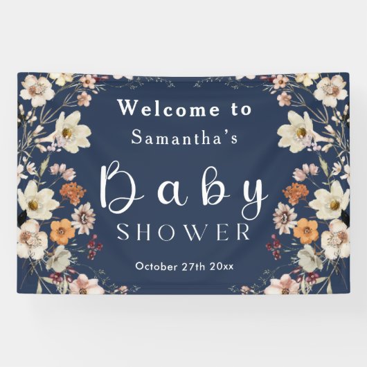 Navy Blue Pastel Boho Wildflower Baby shower Spandoek (Horizontaal)