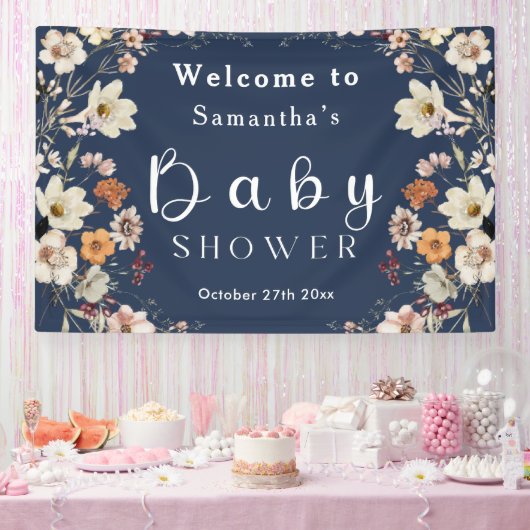 Navy Blue Pastel Boho Wildflower Baby shower Spandoek (Feest)