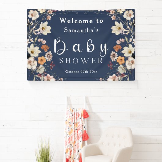 Navy Blue Pastel Boho Wildflower Baby shower Spandoek (Insitu)