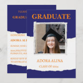 Navy Blue Pastel Foto Afstuderen Uitnodiging (Voorkant / Achterkant)