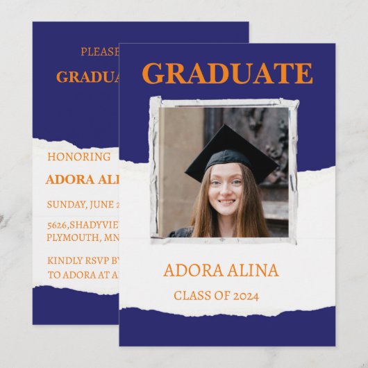 Navy Blue Pastel Foto Afstuderen Uitnodiging (Voorkant / Achterkant)