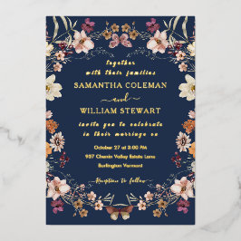 Navy Blue Pastel Wildflower Modern Boho Wedding Folie Uitnodiging