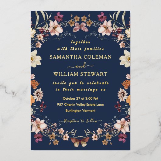 Navy Blue Pastel Wildflower Modern Boho Wedding Folie Uitnodiging (Voorkant)