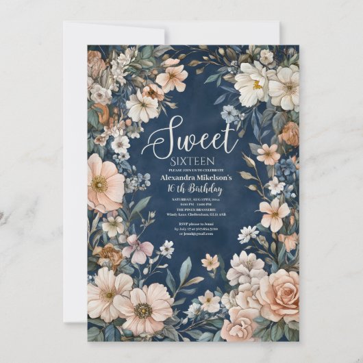 Navy Blue Pastel Wildflowers Sweet 16 Kaart (Voorkant)