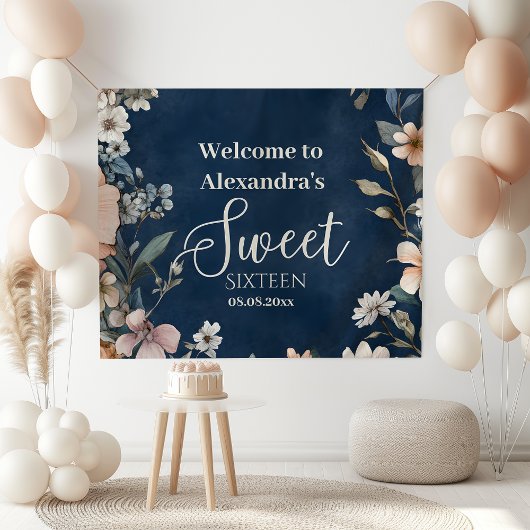 Navy Blue Pastel Wildflowers Sweet 16 Spandoek