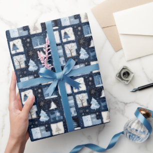 Navy Blue Patchwork Christmas Gift Wrapping Paper Cadeaupapier