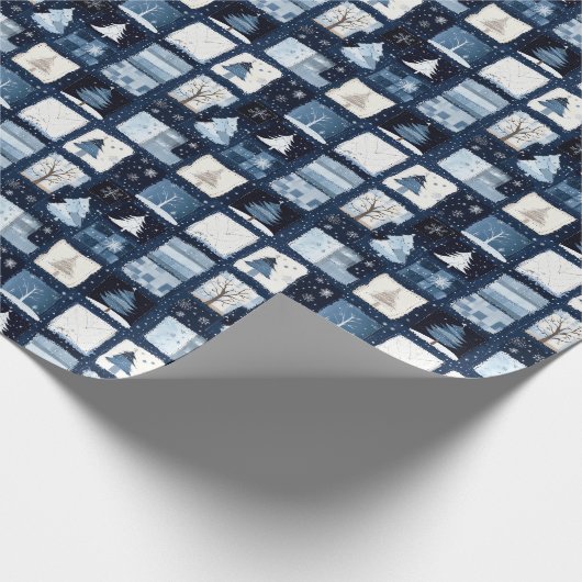 Navy Blue Patchwork Christmas Gift Wrapping Paper Cadeaupapier (Hoek)