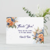 Navy Blue Peach Bloemen bruiloft Dank u kaarten (Staand voorkant)