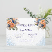 Navy Blue Peach Bloemen Glitter Repetitie Diner Kaart (Staand voorkant)