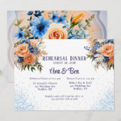 Navy Blue Peach Bloemen Glitter Repetitie Diner Kaart (Voorkant / Achterkant)
