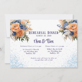 Navy Blue Peach Bloemen Glitter Repetitie Diner Kaart