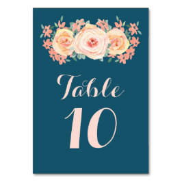 Navy Blue Peach Bloemen Trouwtafel Nummer Kaarten