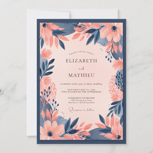 Navy Blue Peach Bold Floral Wedding Kaart (Voorkant)