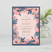 Navy Blue Peach Bold Floral Wedding Kaart (Staand voorkant)