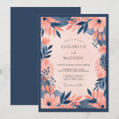 Navy Blue Peach Bold Floral Wedding Kaart (Voorkant / Achterkant)