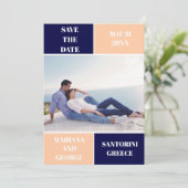 Navy blue, peach color block wedding Save the Date (Staand voorkant)