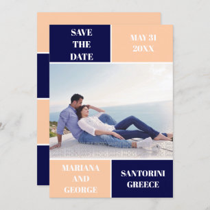 Navy blue, peach color block wedding Save the Date