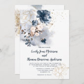 Navy Blue, Peach en Gold Waterverf Bloemen Kaart (Voorkant / Achterkant)