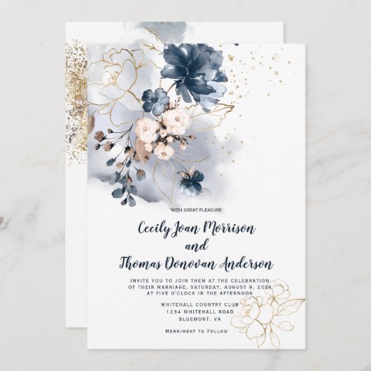Navy Blue, Peach en Gold Waterverf Bloemen Kaart (Voorkant / Achterkant)