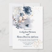 Navy Blue, Peach en Gold Waterverf Flowers Kaart (Voorkant)