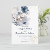 Navy Blue, Peach en Gold Waterverf Flowers Kaart (Staand voorkant)