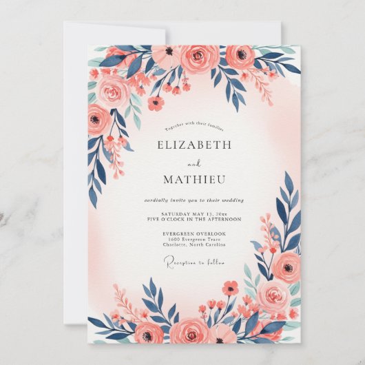 Navy Blue Peach Ethereal Spring Wedding Kaart (Voorkant)