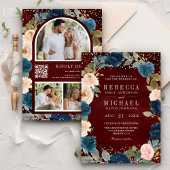 Navy Blue Peach Floral Burgundy QR Code Weddenscha Kaart