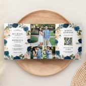 Navy Blue Peach Floral in één QR code Weddenschap Drieluik Uitnodiging