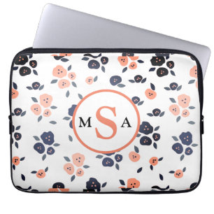 Navy Blue Peach Floral Monogram Initialen Farmhous Laptop Sleeve