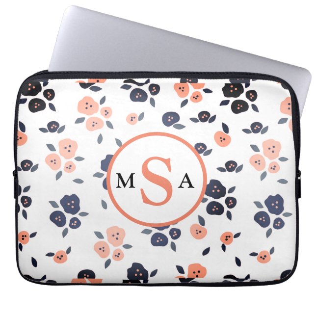 Navy Blue Peach Floral Monogram Initialen Farmhous Laptop Sleeve (Voorkant)