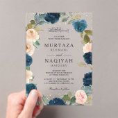 Navy Blue Peach Floral Muslim Wedding Acryl Uitnodigingen (Insitu (Draagbaar))