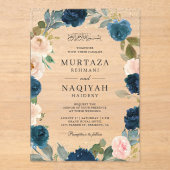 Navy Blue Peach Floral Muslim Wedding Acryl Uitnodigingen (Voorkant)
