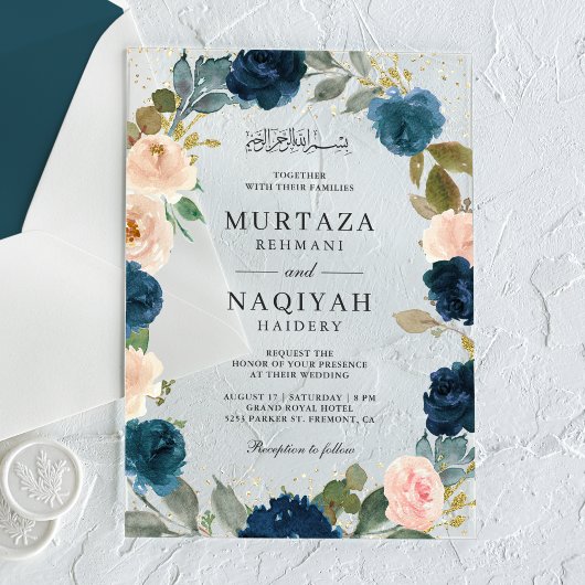 Navy Blue Peach Floral Muslim Wedding Acryl Uitnodigingen