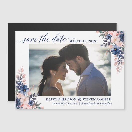 Navy Blue Peach Floral Photo Save the Date Magnet (Voorkant / Achterkant)