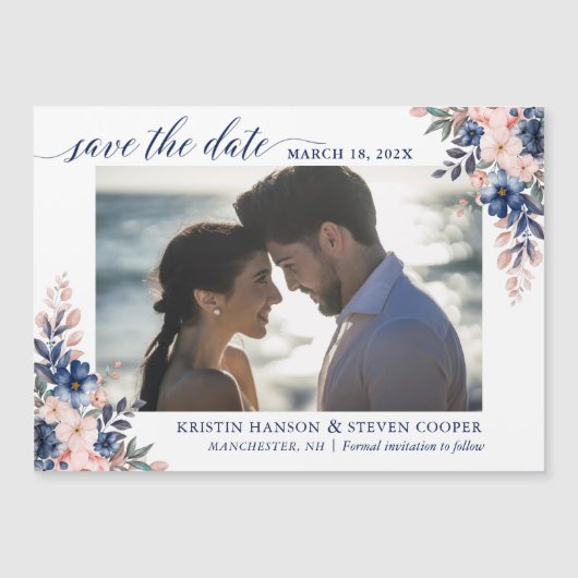 Navy Blue Peach Floral Photo Save the Date Magnet (Voorkant)