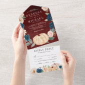Navy Blue Peach Floral Pumpkin Burgundy Wedding All In One Uitnodiging (Afscheurbaar)