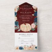 Navy Blue Peach Floral Pumpkin Burgundy Wedding All In One Uitnodiging (Binnen)