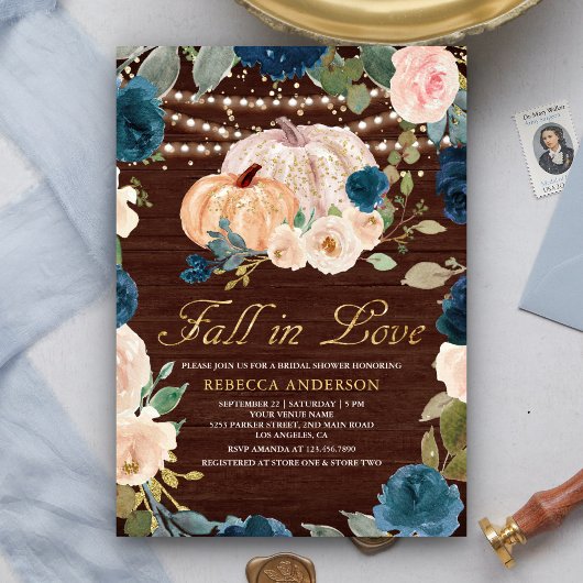 Navy Blue Peach Floral Pumpkin Vrijgezellenfeest Kaart