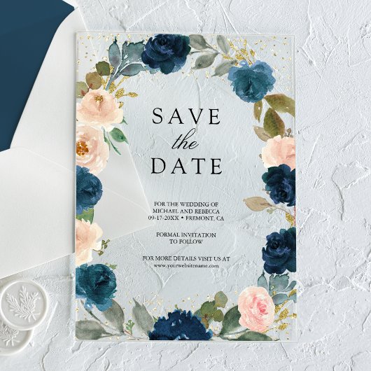 Navy Blue Peach Floral Wedding Save the Date Acryl Uitnodigingen